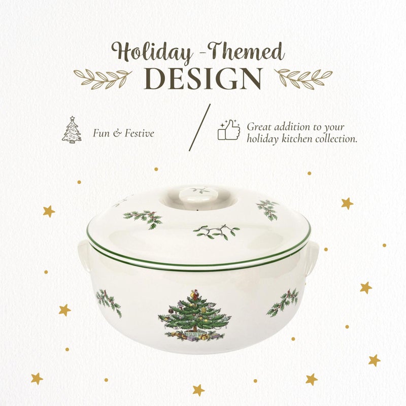 Spode Christmas Tree Round Covered Deep Casserole Dish (8.75" x 5") - Festive Holiday Serveware & Vintage Christmas Table Centerpiece - Fine Earthenware Classic Holiday Bakeware - Image 3